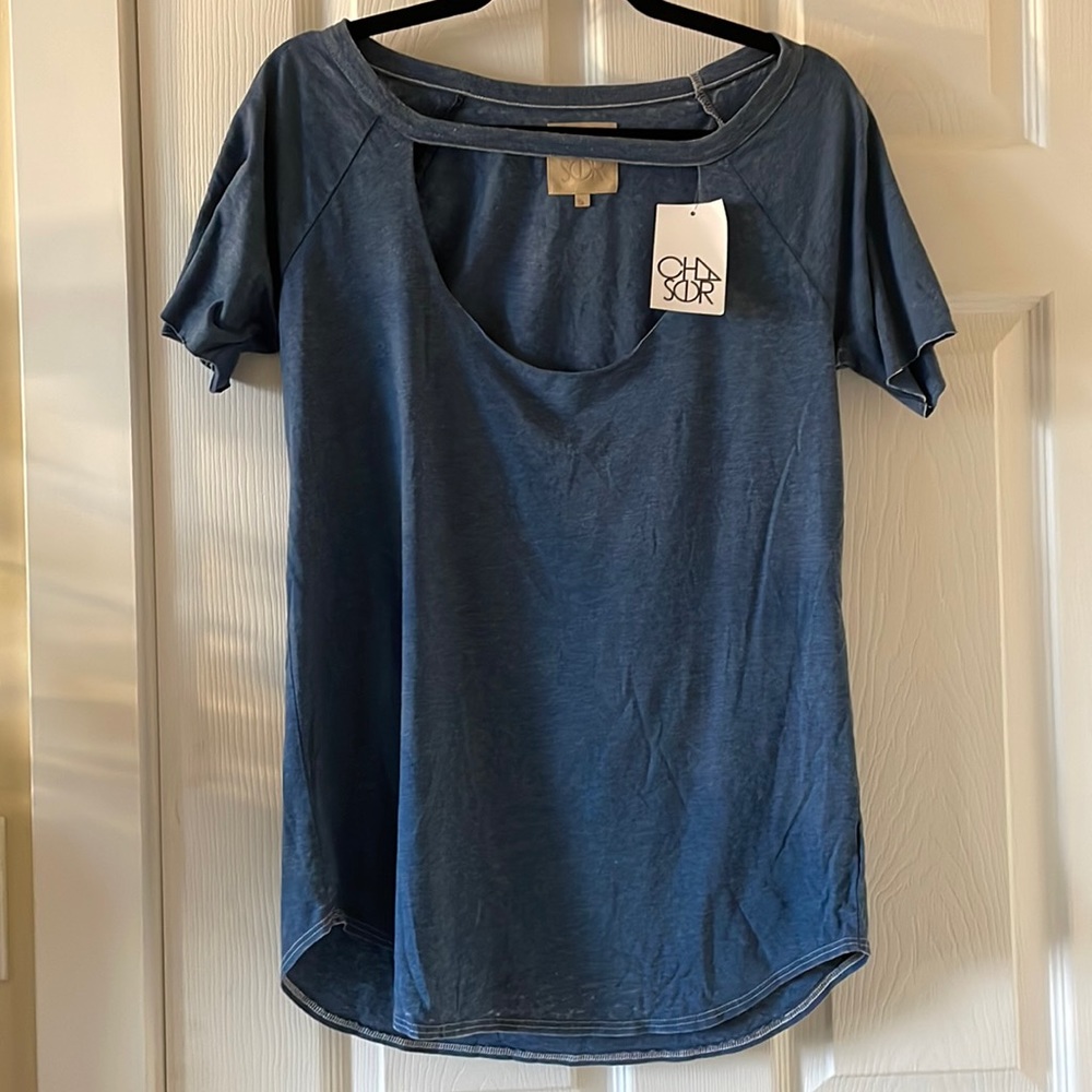 Chaser heather denim blue tee with cutout tunic jersey raglan raw edge sleeves